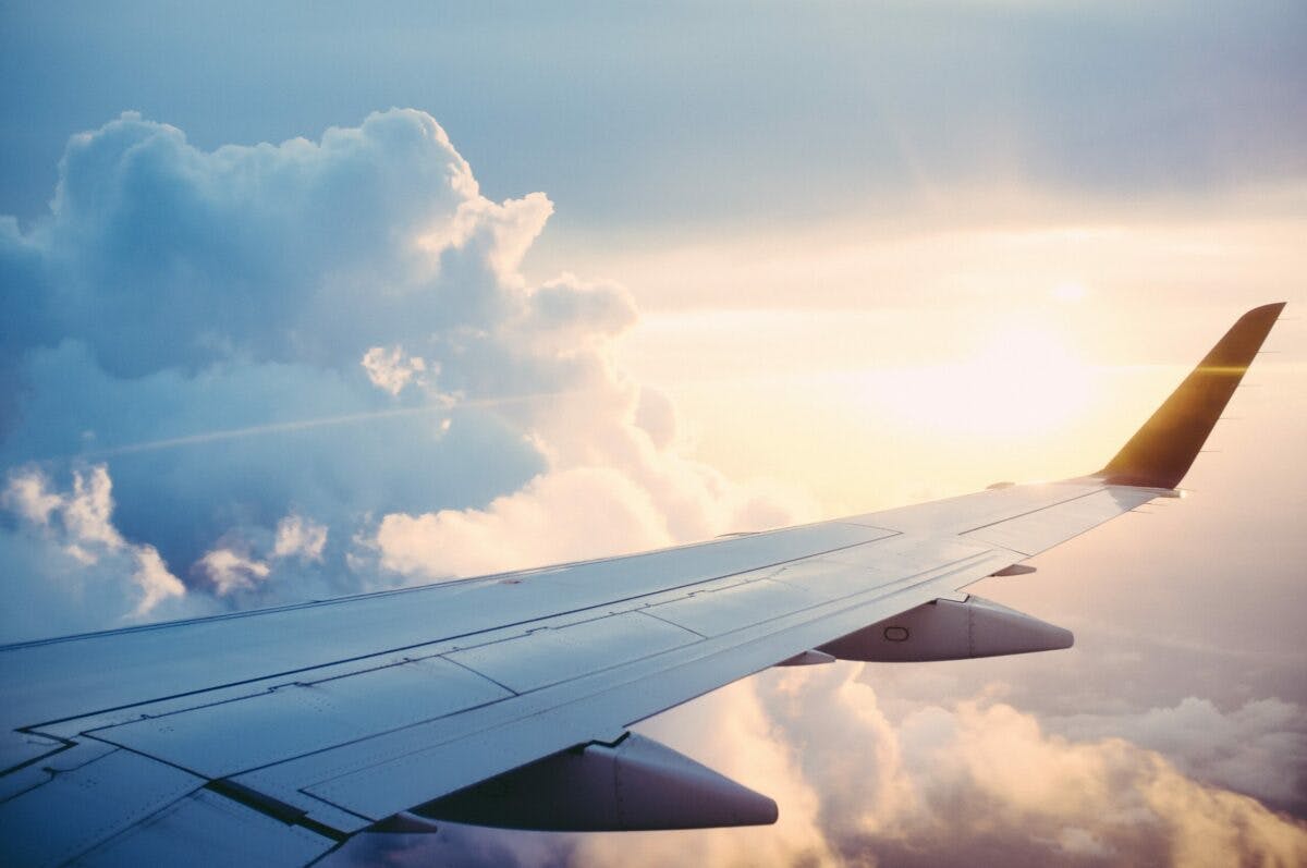 the airplane's wing gracefully soars flying in the sky