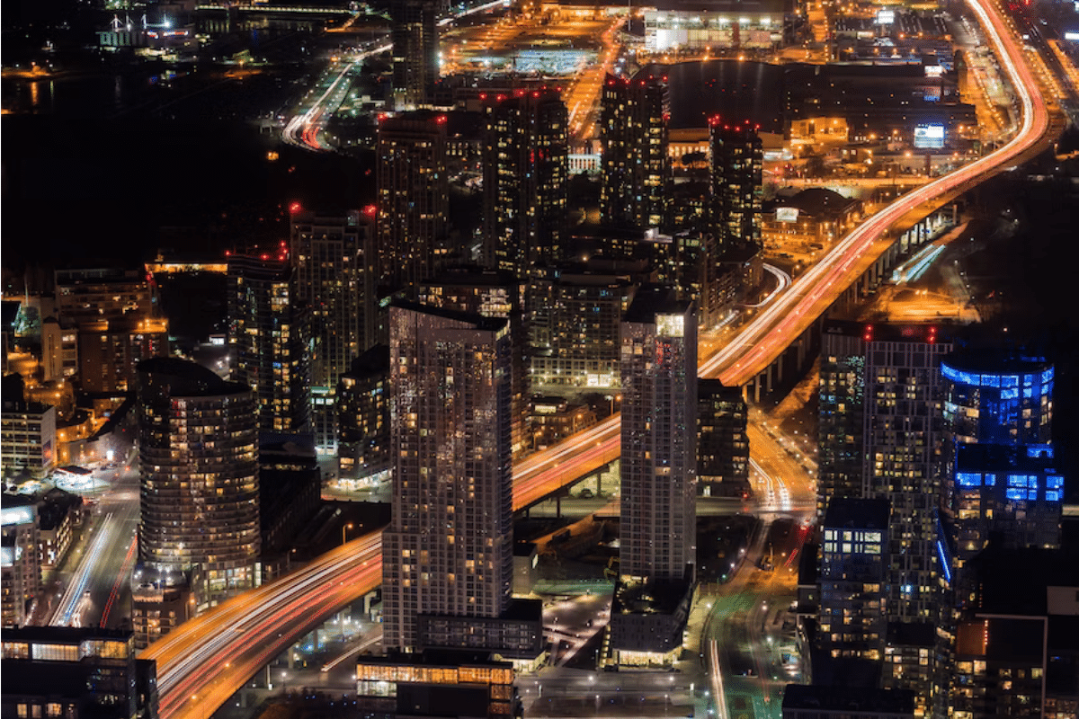 a city at night with lights