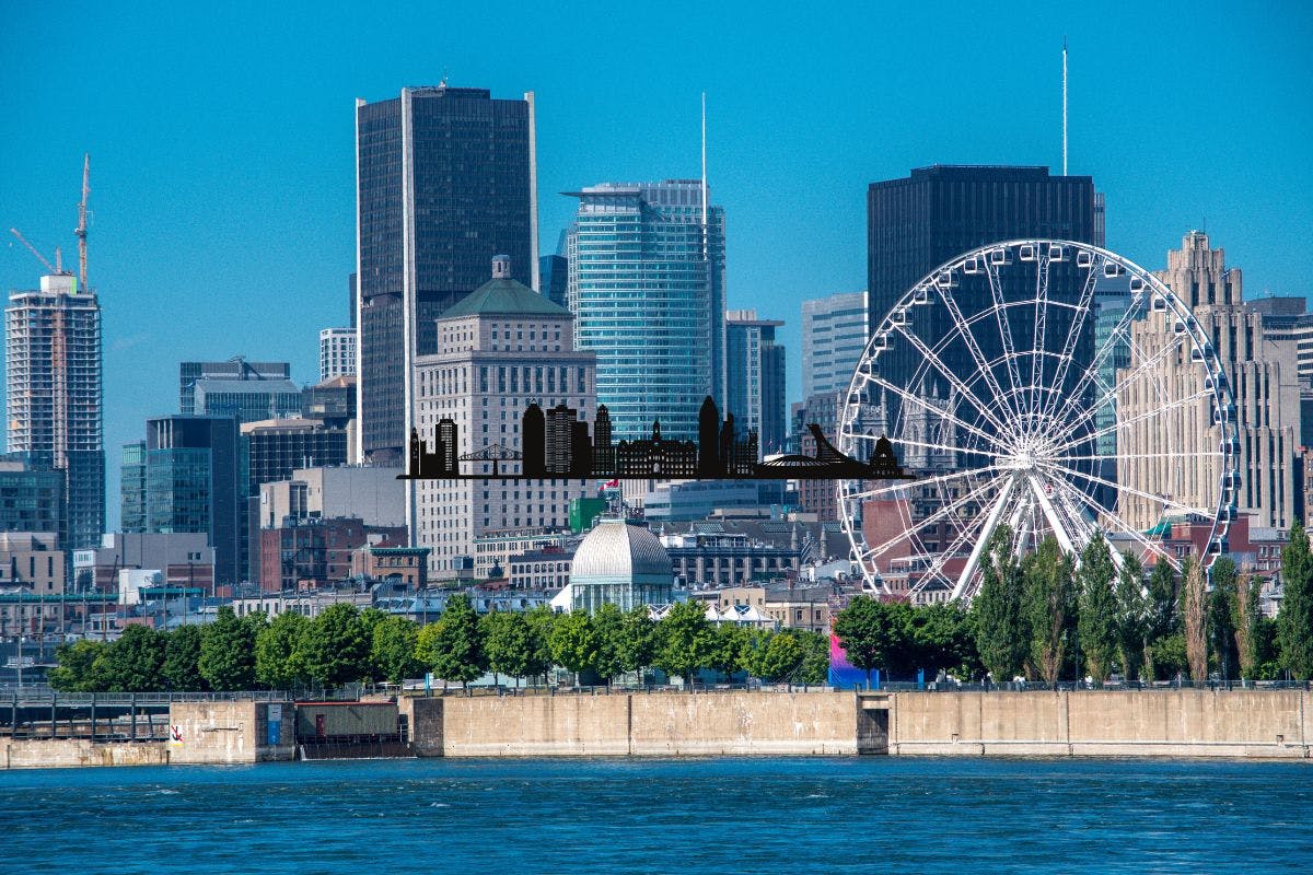 City skyline with two ferris wheels towering above the buildings, creating a captivating urban landscape.