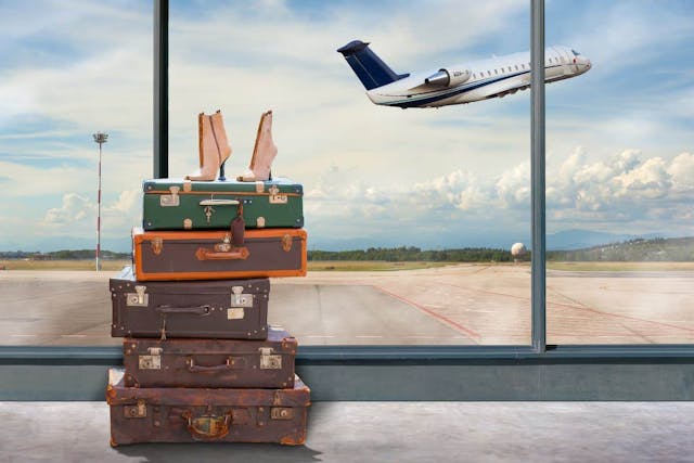 Stacked suitcases and an airplane in the background.