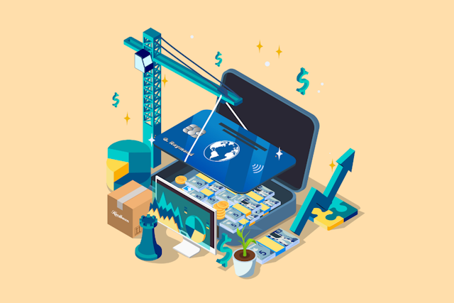 isometric illustration of a briefcase containing a credit card, cash, and various items