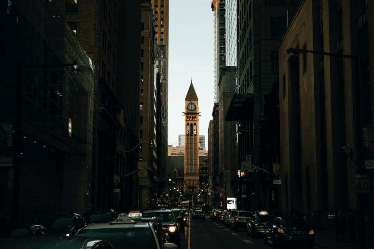 City street with clock tower in background