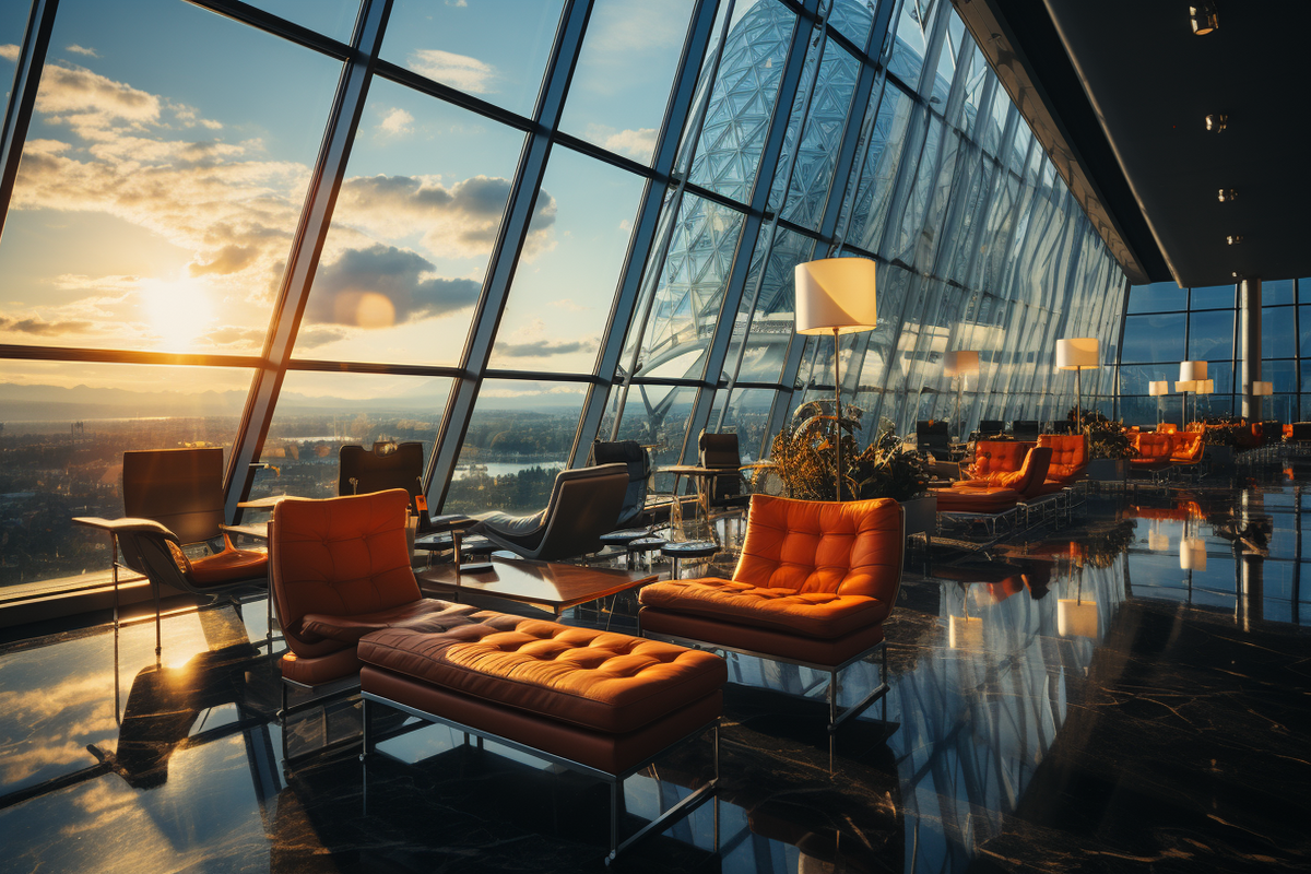 a lounge with chairs and tables in front of a top large window