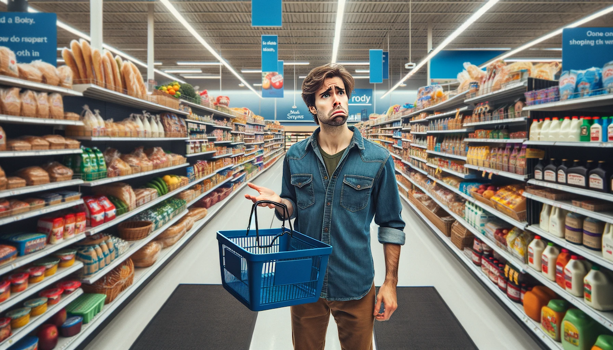 A shopper with an empty basket at the grocery store, wondering what he can buy given the high inflation in Canada